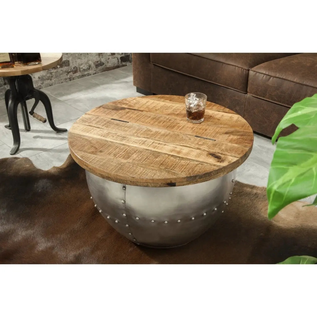 Tavolino rotondo ORVIK 68 cm in legno massello di mango e metallo - baule per la conservazione