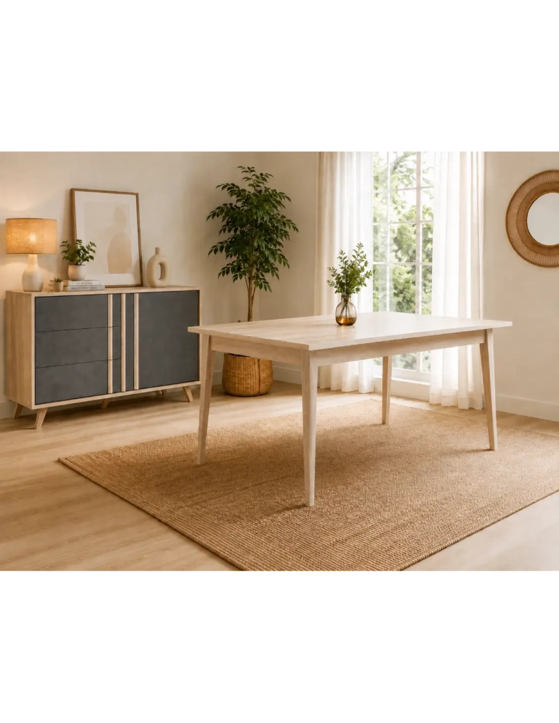Sala da pranzo completa MALMO con tavolo 6 posti 160cm e buffet alto - Rovere chiaro e grigio