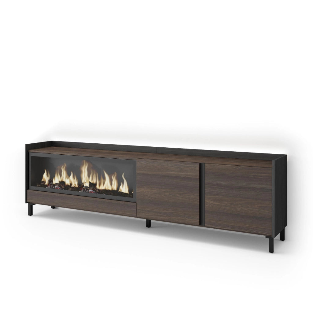 Mobile TV Soggiorno, 212x61x35 cm, Per TV fino a 80", Camino elettrico XXL, Design industriale, LED, Rovere scuro e Nero