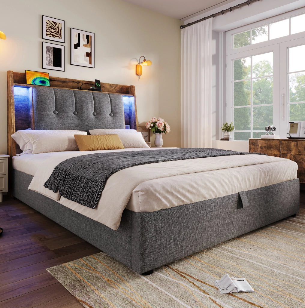 Letto imbottito 90x200 cm con ricarica USB e Type-C; LED e contenitore in lino e MDF
