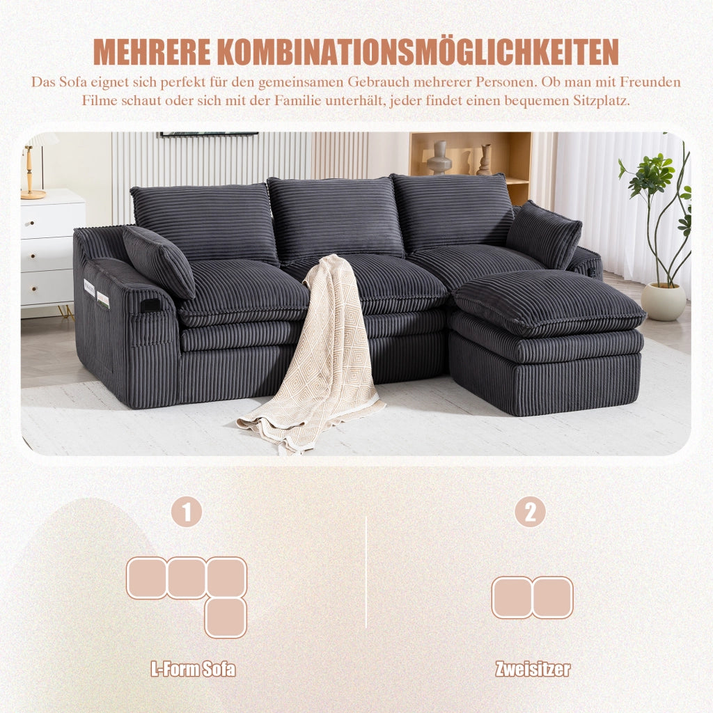 Divano modulare 3 posti con pouf, cuscini e tasche laterali, in tessuto corduroy grigio scuro per soggiorno e ufficio
