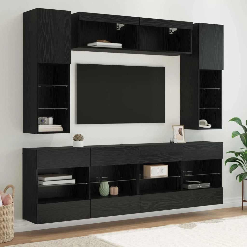 Set di Mobiletto da TV a Parete con led 6 pcs Rovere Nero 3402997