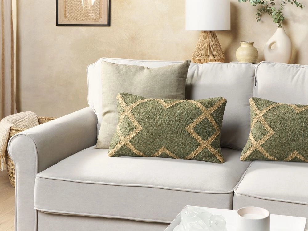 Set di 2 cuscini in iuta e lana verde e beige motivo geometrico 30 x 50 cm camera da letto soggiorno