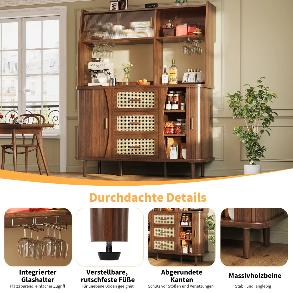 Credenza e madia con ante scorrevoli in vetro, 3 cassetti e vani aperti, per cucina, noce 140 × 40,5 × 174,5 cm