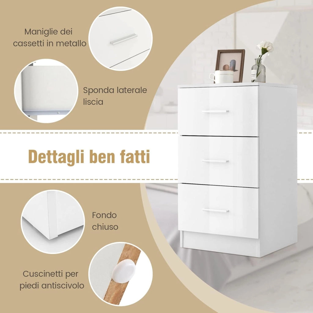 Cassettiera a 3 Cassetti, Comodino Cassettiera in legno, Comodino Moderno con Cassetti per Soggiorno, Camera da Letto, Corridoio, Ufficio, 37 x 34 x 66,5 cm (Bianco, 2 Pezzi)