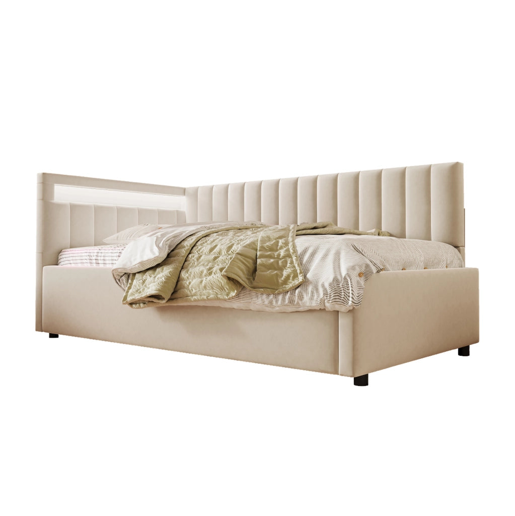 Letto imbottito 90x200 beige con LED, contenitore idraulico e rete a doghe