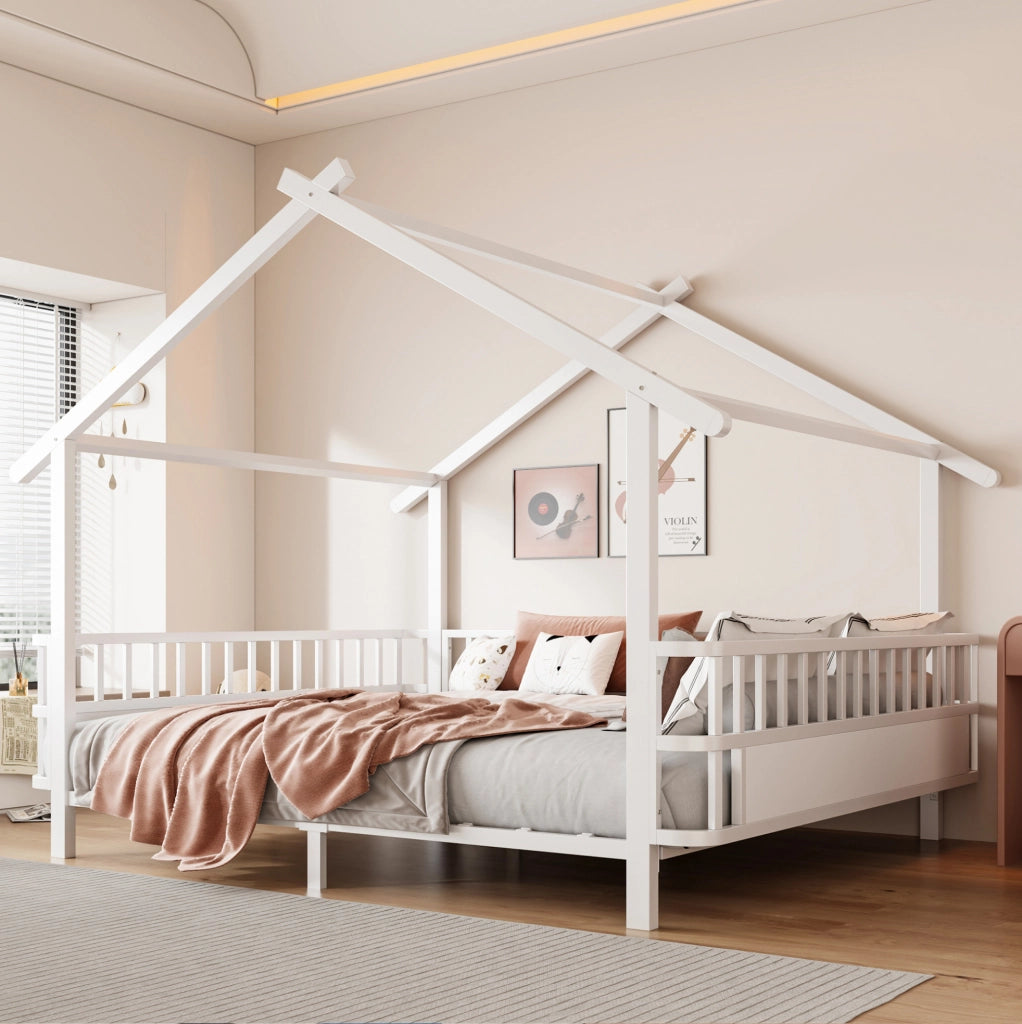 Letto per bambini in metallo a forma di casa 140x200 cm bianco con sponde di sicurezza