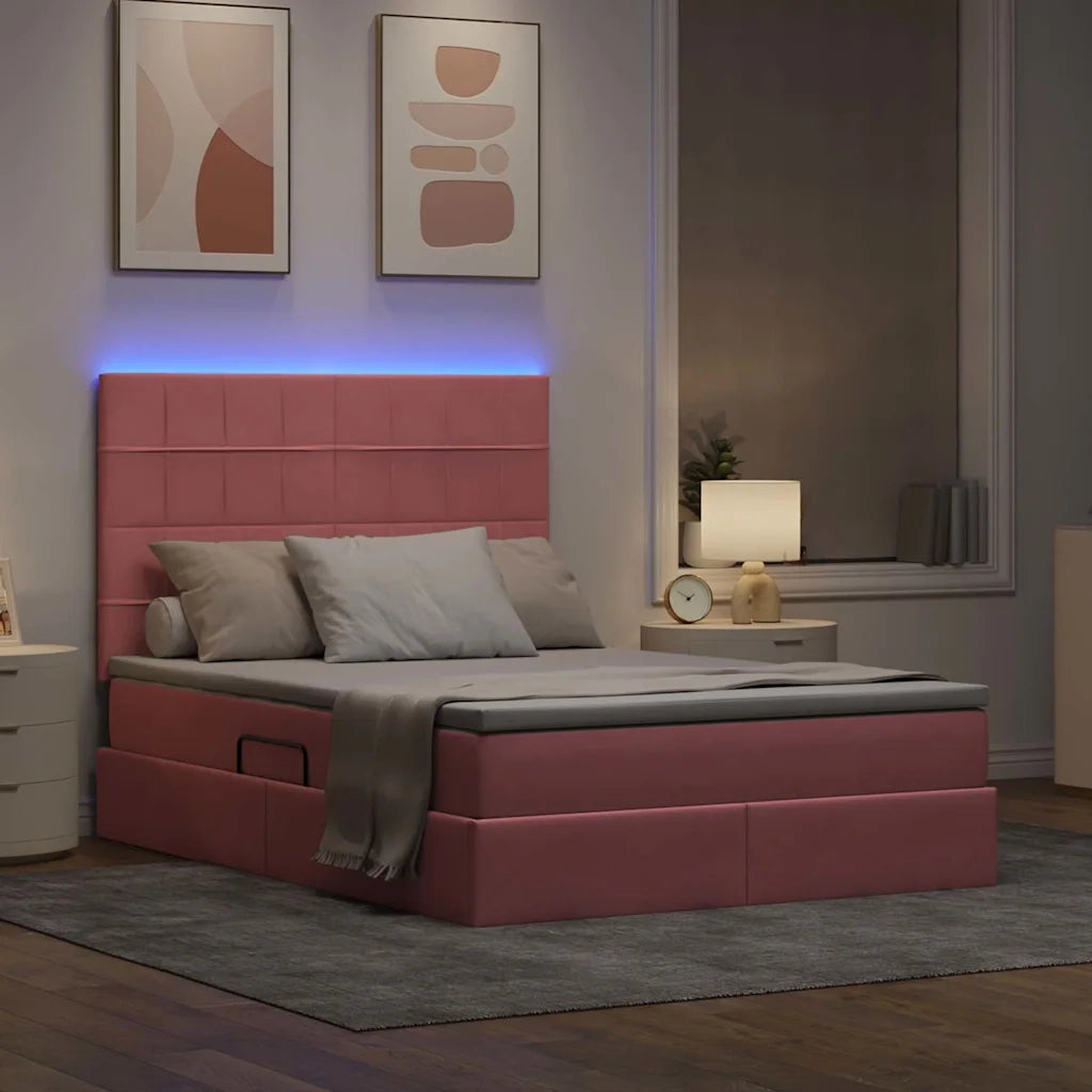 Letto con contenitore LED e materasso Rosa 140 x 200 cm Velluto