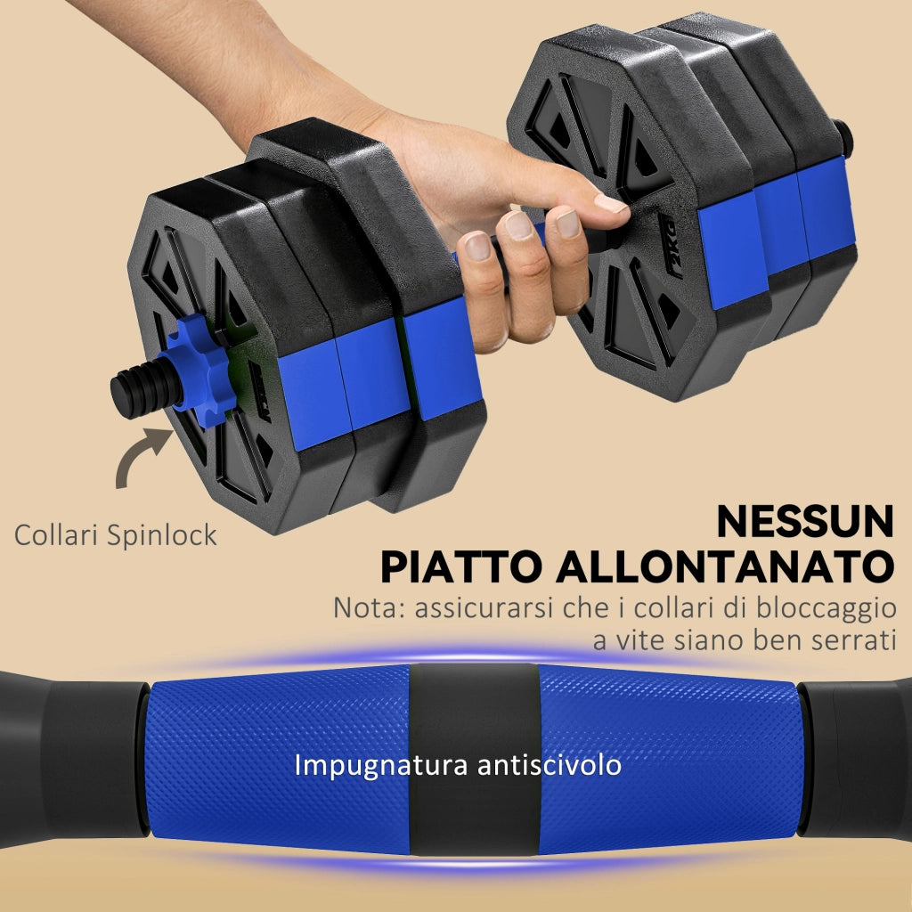 Set Pesi Palestra 6 in 1 Multifunzione da 20kg Totali 125x18x18 cm in Plastica e Sabbia Blu