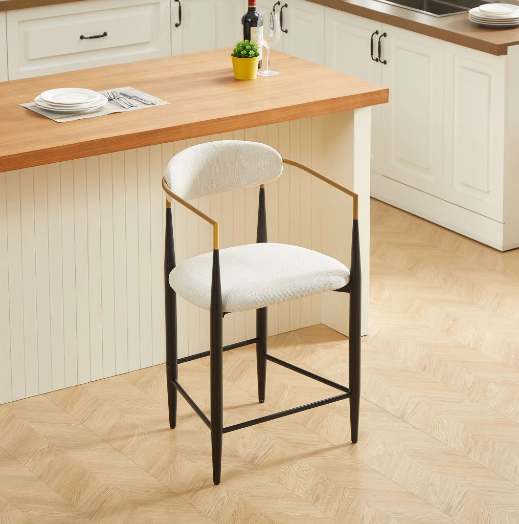 Set di 2 sgabelli da bar con braccioli; tessuto beige e struttura in metallo nero e oro
