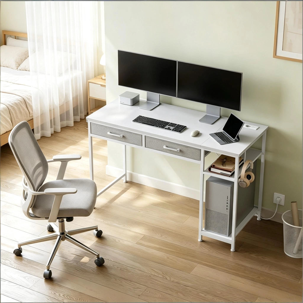 Scrivania computer moderna bianca con 2 cassetti in tessuto, ripiano laterale e stazione di ricarica integrata, 120 x 51 x 75 cm