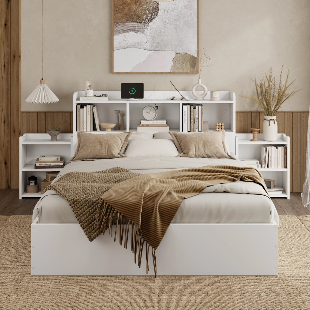 Letto Matrimoniale in Legno con Testiera, Cassetti e Comodini ¨C MINIMAL ¨C Bianco 140x200