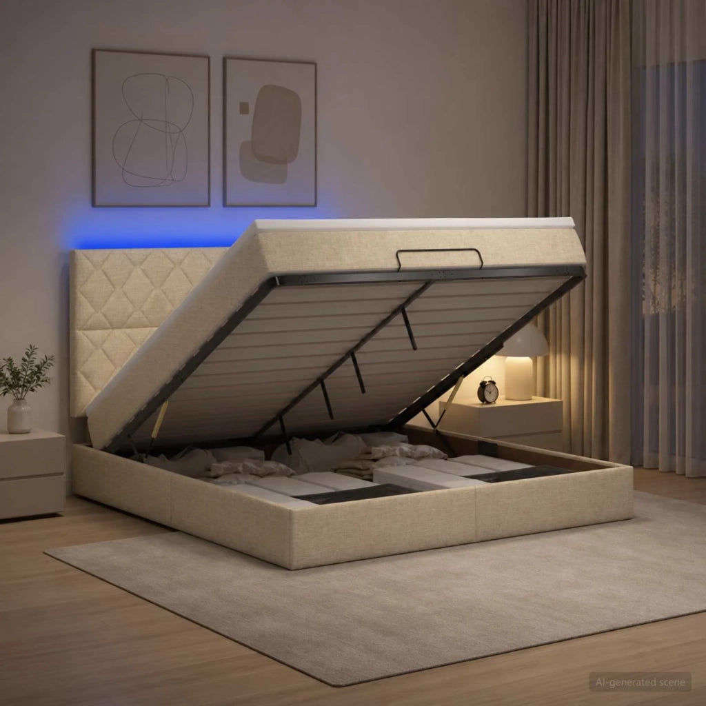 Letto Ottomano con Materasso e LED Crema 180 x 200 cm Tessuto 3458178