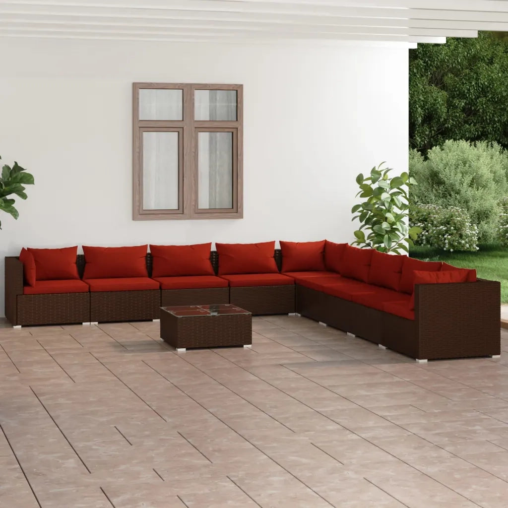 Set Divani da Giardino 10 pz con Cuscini in Polyrattan Marrone 3101795