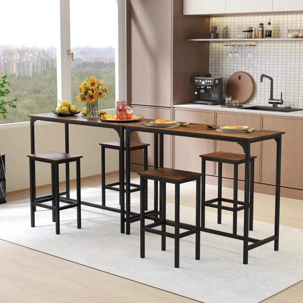 Set da pranzo 3 pezzi con tavolo industriale alto 120 cm, 2 sgabelli da bar e sedie per spazi piccoli Marrone-Tavoli e sedie da pranzo