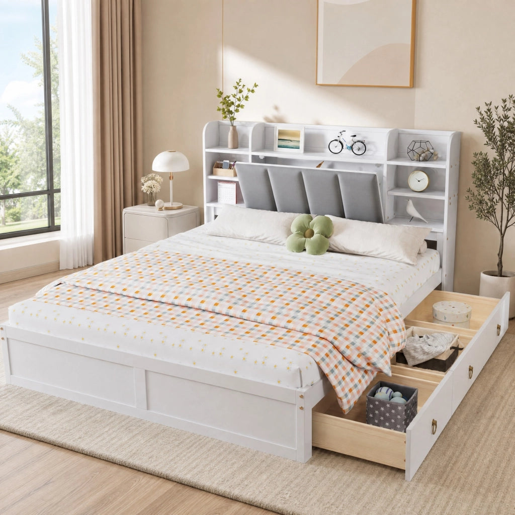 Letto con cassetti 2 posti con 3 cassetti, ripiani aperti e vano con anta ribalta, 160 × 200 cm, senza materasso