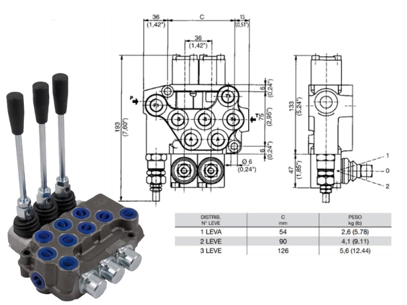 Distributore monoblocco in ghisa 3 leve 3/8 tipo ML predisposto per carry over - 80826