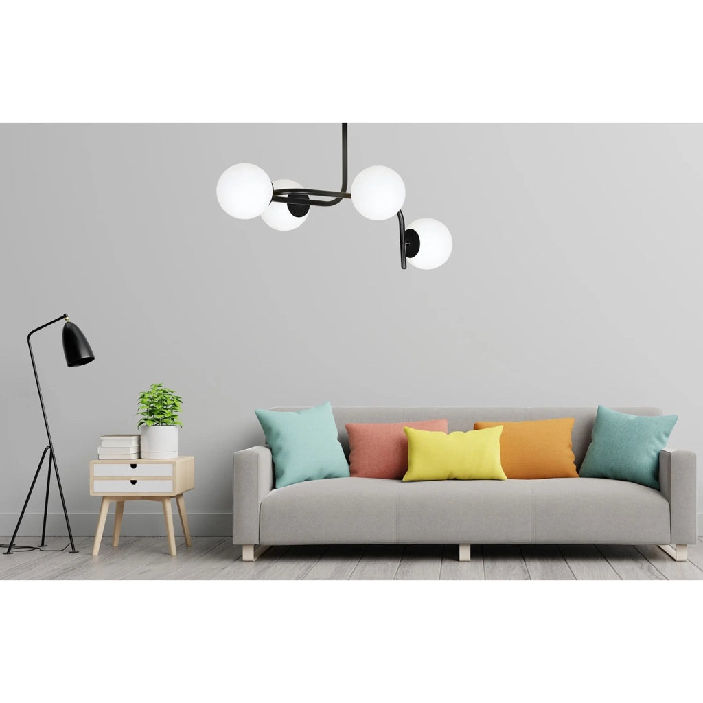 Lampadario 4 Luci Rama In Acciaio Nero A Bracci Curvi E Sfere In Vetro Opalino