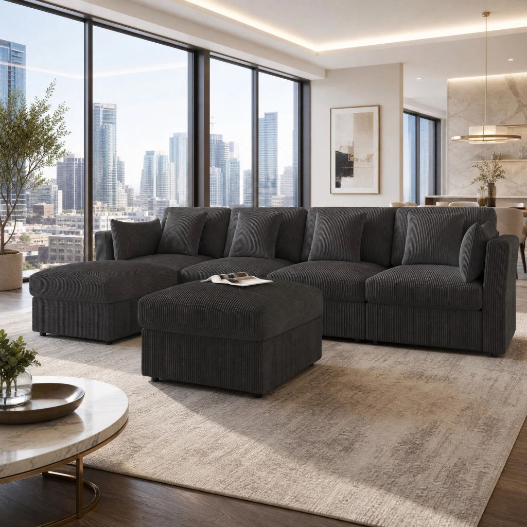 DIVANO ANGOLARE MODULARE 290 x 159,5 x 89 cm in Corda Grigio con 2 Pouf