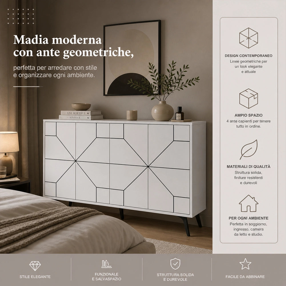 Madia con 4 Ante Credenza Design Geometrico Moderno in Legno 123x77 cm Bianco