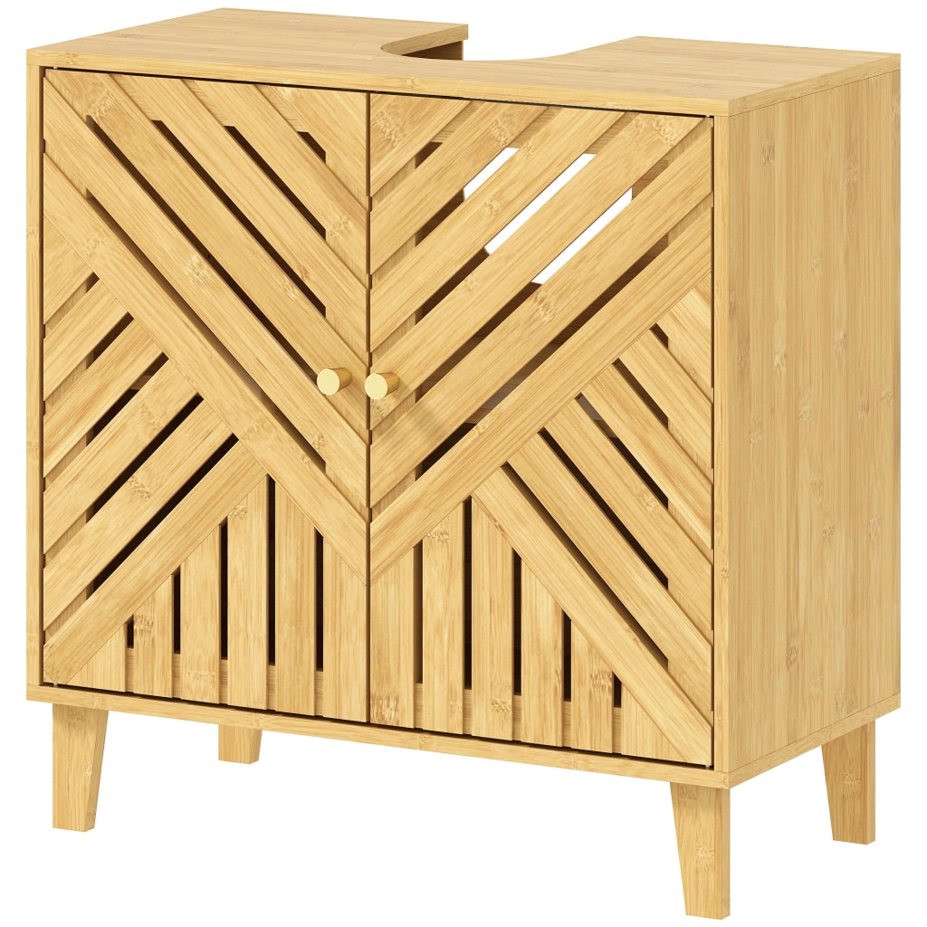 Mobiletto Sottolavabo in Bamb¨´ con Ripiano Regolabile e Ante a Listelli ¨C Zephmum ¨C Naturale 60x30x60 cm