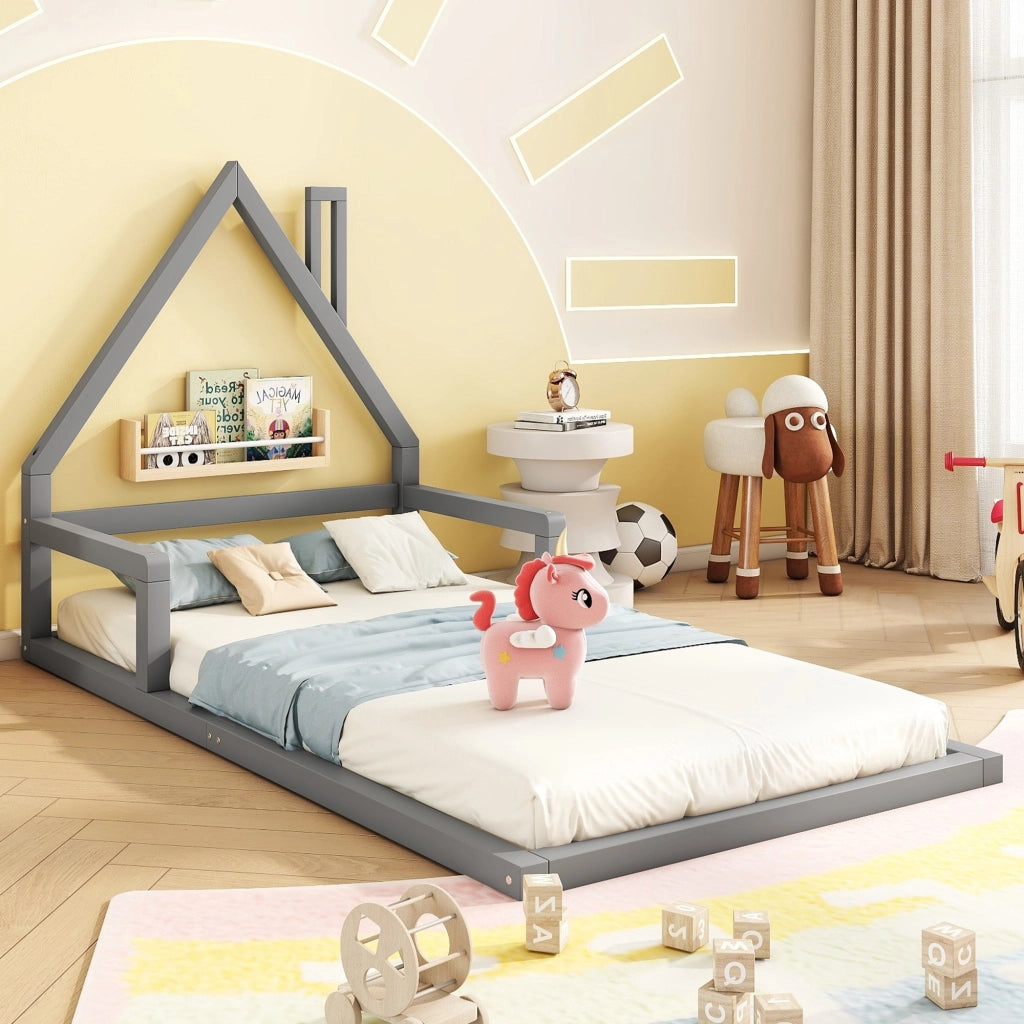 LETTO per bambini a forma di casa 90x200 cm Grigio in legno di pino e MDF