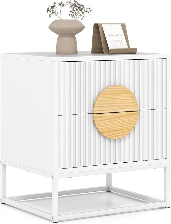 Comodino a 2 Cassetti, Tavolino con Maniglie in Legno di Pino e Struttura in Metallo, Cassettiera Salvaspazia Moderna per Camera da Letto e Soggiorno, 48 x 40 x 55 cm