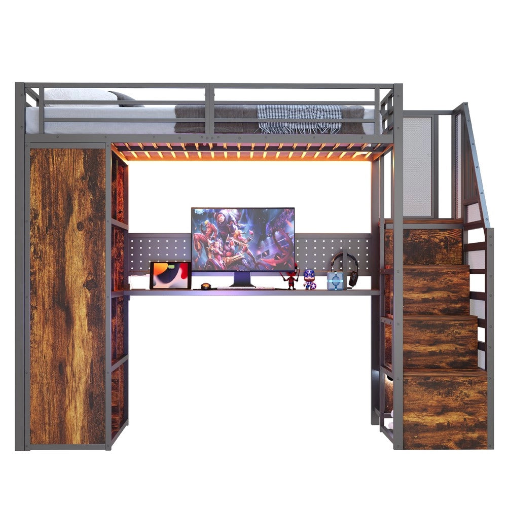 Letto a Soppalco con Armadio, Scrivania LED e Cassetti ¨C Xylo ¨C 90x200, Nero