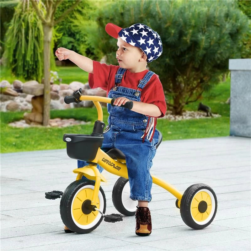 TRICICLO PER BAMBINI DA 2-5 ANNI CON SEDUTA REGOLABILE E CAMPANELLO, 70.5X50X58CM, GIALLO