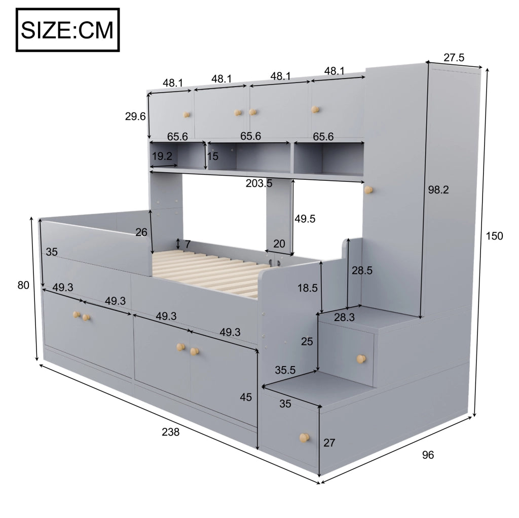 Letto a soppalco ULEVR 90x200 cm con armadi, scala contenitore, ripiani, LED e sponde di sicurezza, grigio