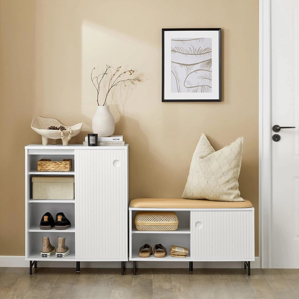 Mobile Ingresso Credenza Soggiorno Salvaspazio con Anta Scorrevole, Mobile da Cucina, Mobiletto Moderno in Legno con Gambe in Bambù, Design Elegante e Stabile, Bianco, 70x37x87cm, FSB62-W