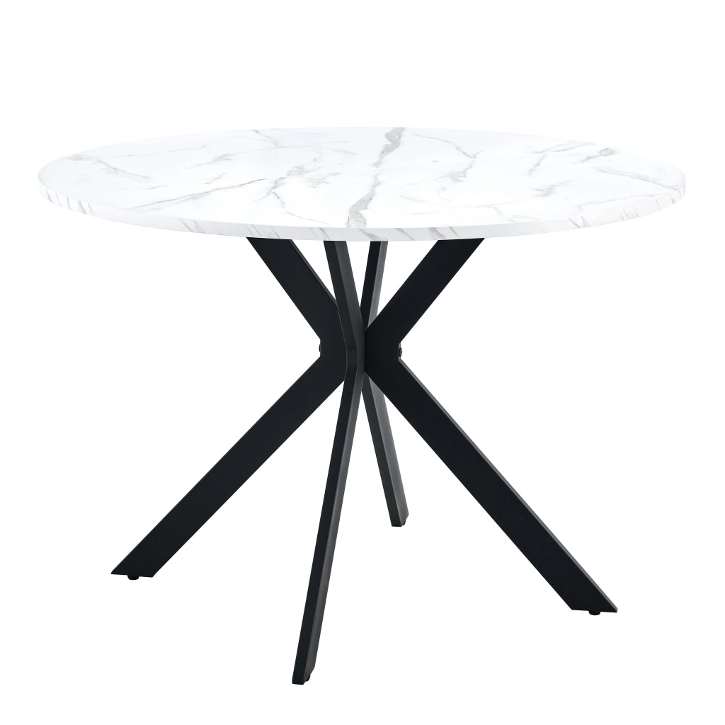 Tavolo da pranzo rotondo in MDF effetto marmo bianco con base incrociata in metallo per cucina e soggiorno nero diametro 110 cm