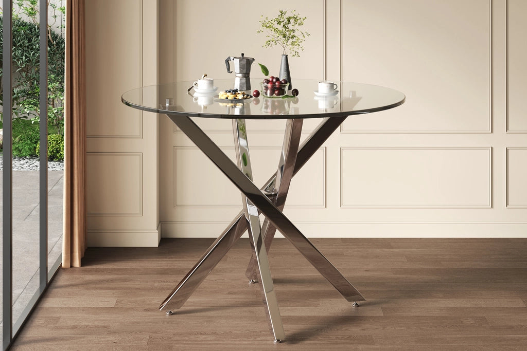 Tavolo rotondo moderno 80x80 cm in vetro temperato e metallo, colore argento