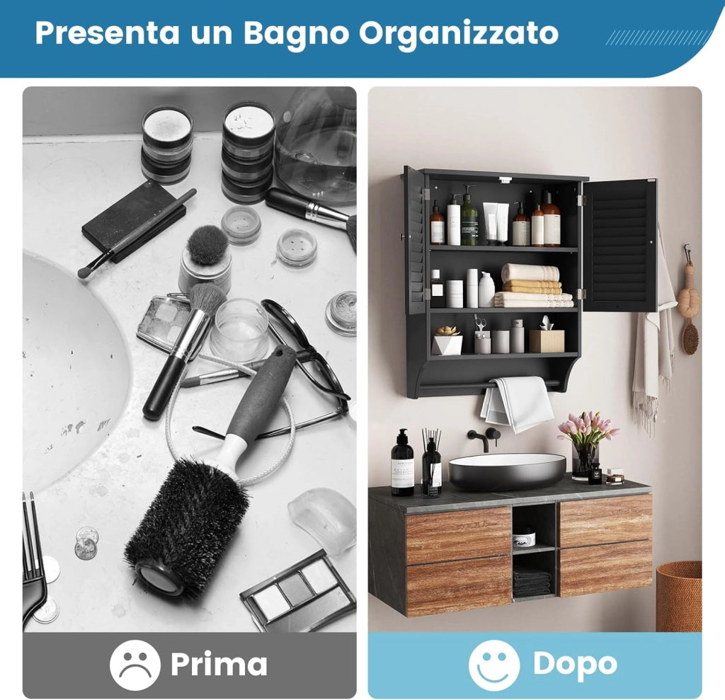 Armadietto da Bagno Sospeso 60x22x75cm, Mobile da Parete con 2 Ante, con Ripiano Regolabile in 3 Posizioni e Barra Porta Asciugamani (Nero)