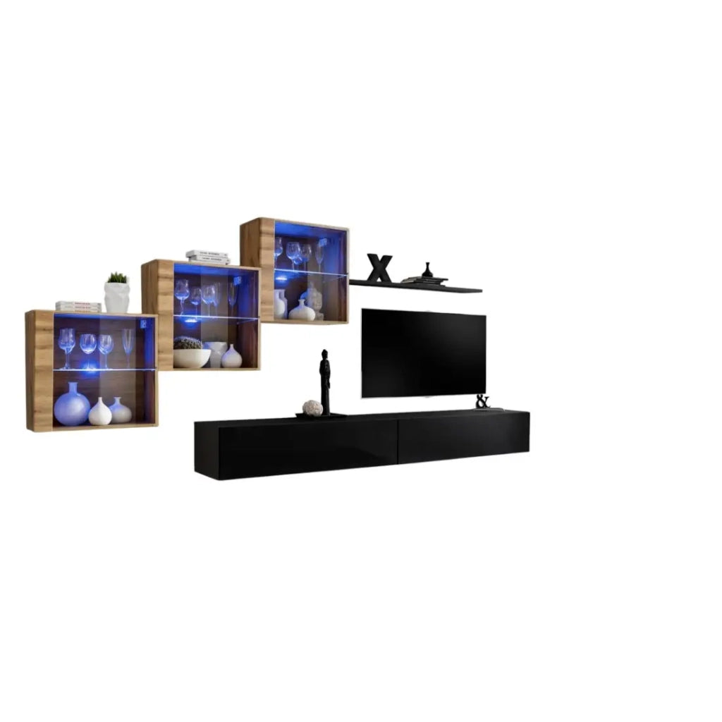 Set di mobili da salotto SWITCH XX design, colore nero lucido e quercia Wotan.