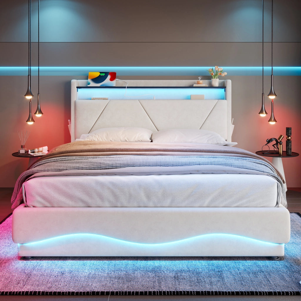 Letti contenitori 140x200 cm; testiera con ripiano e LED; velluto beige (Senza materasso)