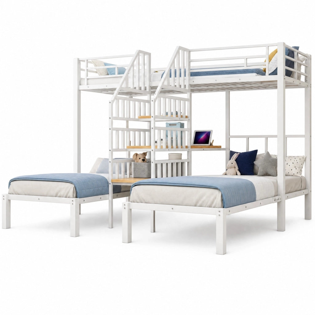 Letto a castello triplo 90x200 cm con LED; scrivania integrata; prese USB; bianco