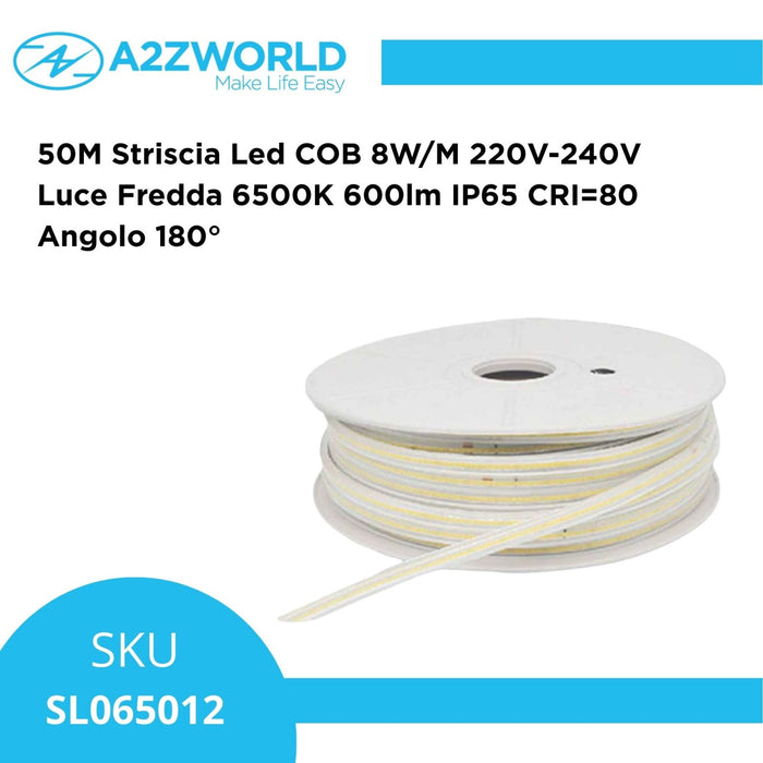 50M Striscia Led COB 8W/M 220V-240V Luce Fredda 6500K 600lm IP65 CRI=80 Angolo 180°