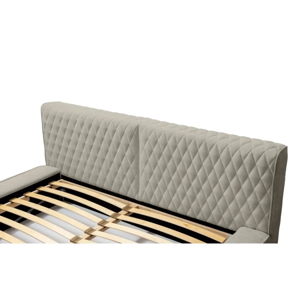 Letto contenitore VERNON – Tessuto bouclé di ciniglia color taupe fumé – 160x200 cm – Rete a doghe sollevabile – Design di alta gamma