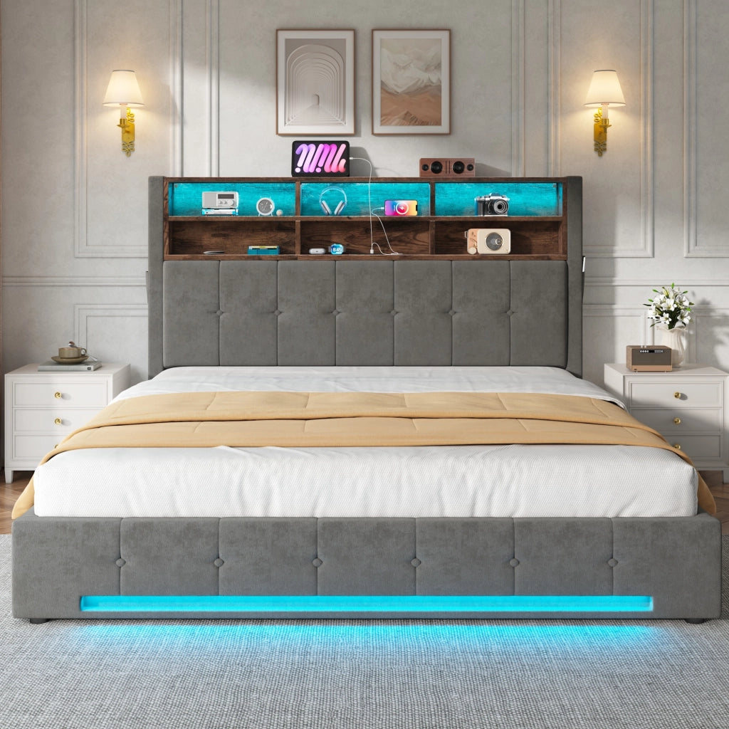 LETTO Contenitore 180x200 cm in velluto grigio scuro con LED, USB-C e testiera multifunzione