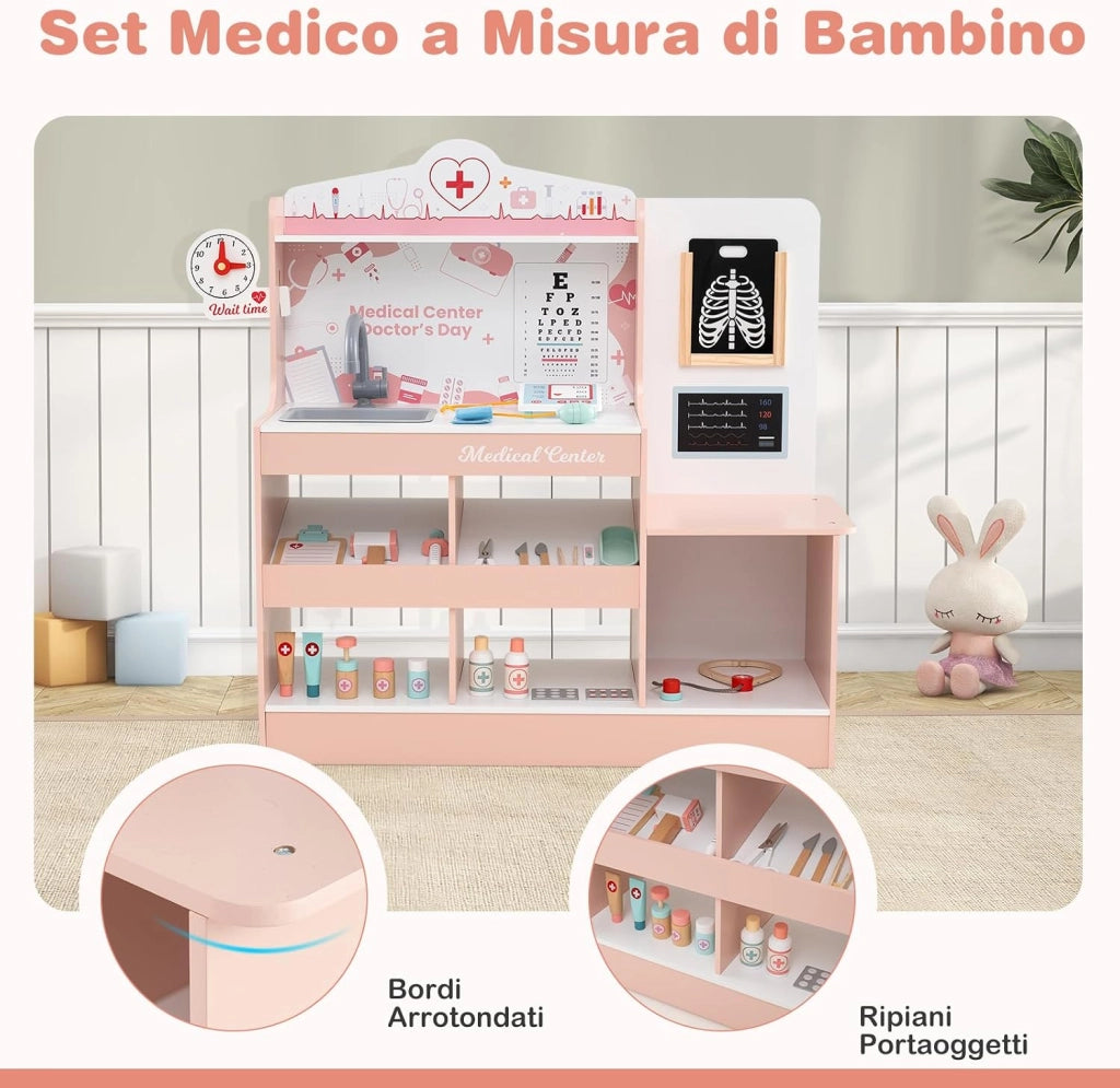 Set da Gioco Dottore in Legno, Centro Medico per Bambini con Orologio, Lavandino, Tabella Oculistica, Monitor ECG, Area Esame e 24 Accessori Giocattolo, 97 × 30,5 × 88 cm (Rosa)