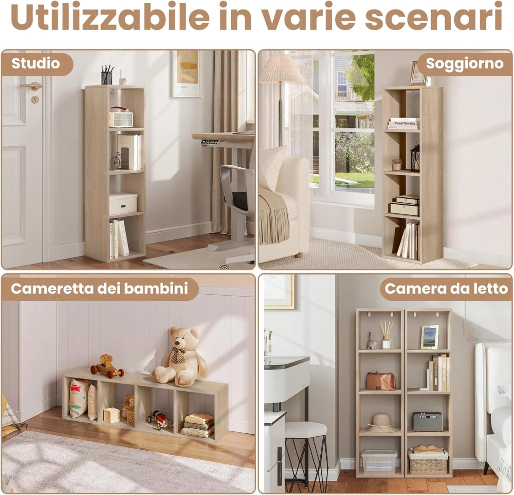 Libreria con 4 Livelli, Scaffale a Cubo in Piedi, Scaffale Aperto, per Soggiorno, Studio, Camera da Letto, Ufficio, 30x106,5x23,5 cm, Rovere Chiaro, SK051hei