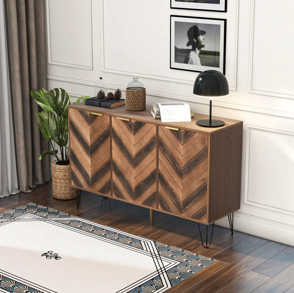 Credenza a 3 ante con ripiani interni; 120 x 38 x 76;5 cm; truciolare; effetto legno naturale e nero