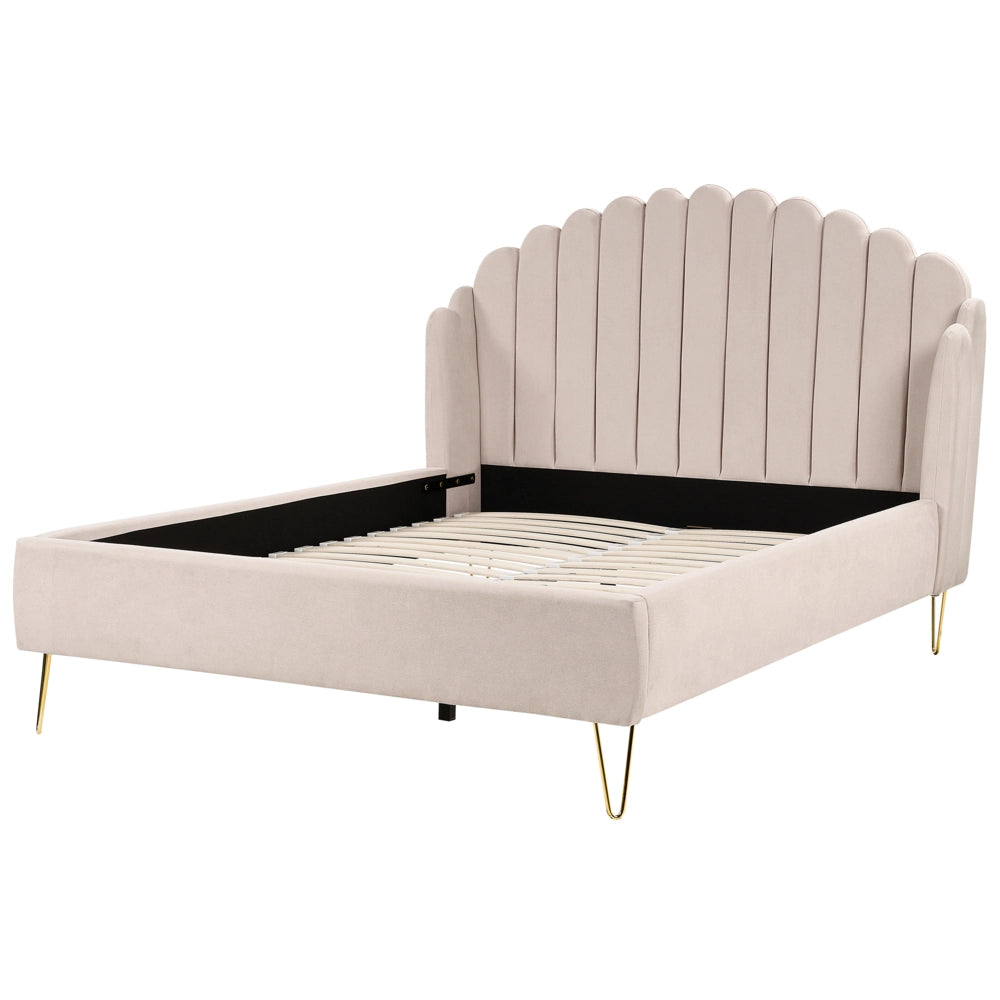 Letto con rete in tessuto poliestere beige chiaro 140 x 200 cm gambe in metallo testata retro capitonné