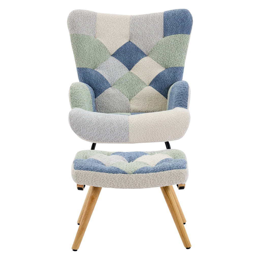 Poltrona a dondolo con pouf e schienale rimovibile in tessuto con struttura in ferro beige e blu 122 × 68 × 91 cm
