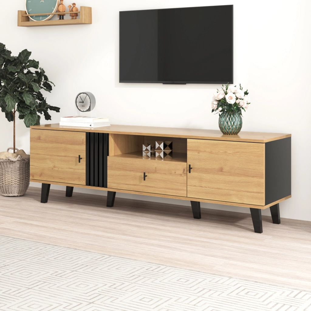 Mobile TV con 2 Ante; 1 Cassetto e 1 Vano; Design Legno e Nero; Soggiorno; 170??40??50;5 cm; in Pannello Truciolare