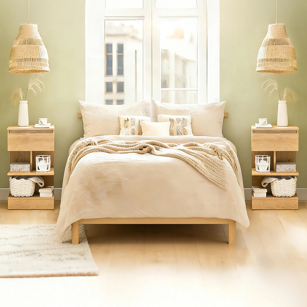 SoBuy FBT49-Nx2, Set di 2 Comodino Camera da Letto - Comodino con 1 Cassetto e 2 Ripiani, Tavolino Salotto - Moderna Cassettiera L39 x P39 x A65 cm Naturale