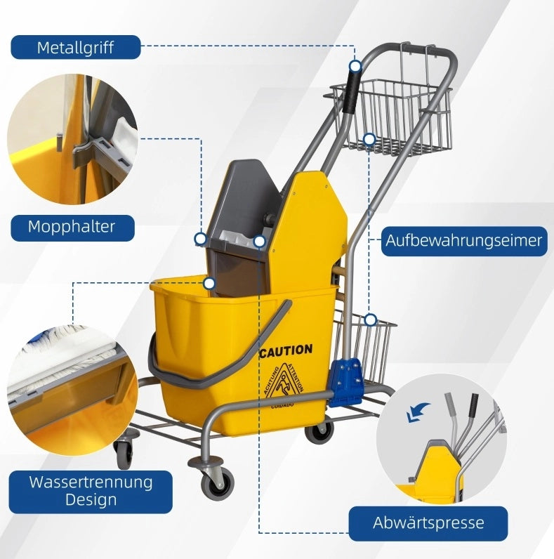 Carrello per pulizia 26 L con strizzatore e ruote, giallo