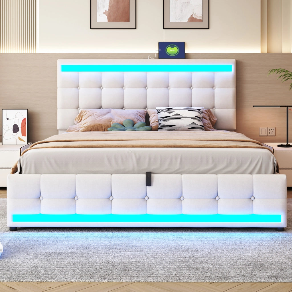Letto imbottito matrimoniale 180×200 cm con LED RGB e USB; senza materasso; tessuto; beige