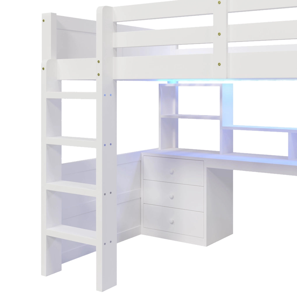 Letto a soppalco 140x200 cm con LED; armadio; scrivania e 3 cassetti bianco